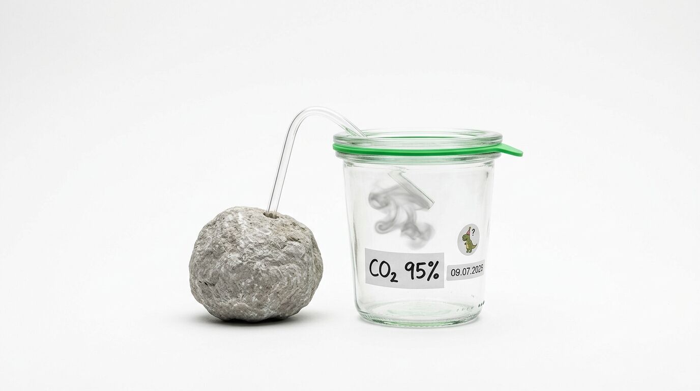 Ein Stein, verbunden durch einen Strohhalm mit einem Einmachglas mit Rauch und CO2-Etikett