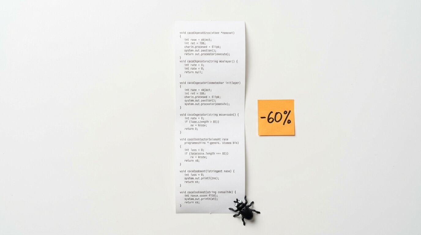 Streifen mit Programmcode, Käfer-Figur und Notiz „-60%“ auf weißem Grund