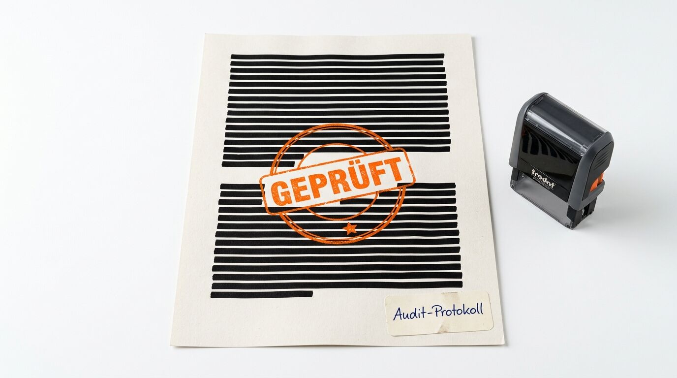 Zensiertes Papier mit orangefarbenem GEPRÜFT-Stempel und ein Stempelgerät daneben