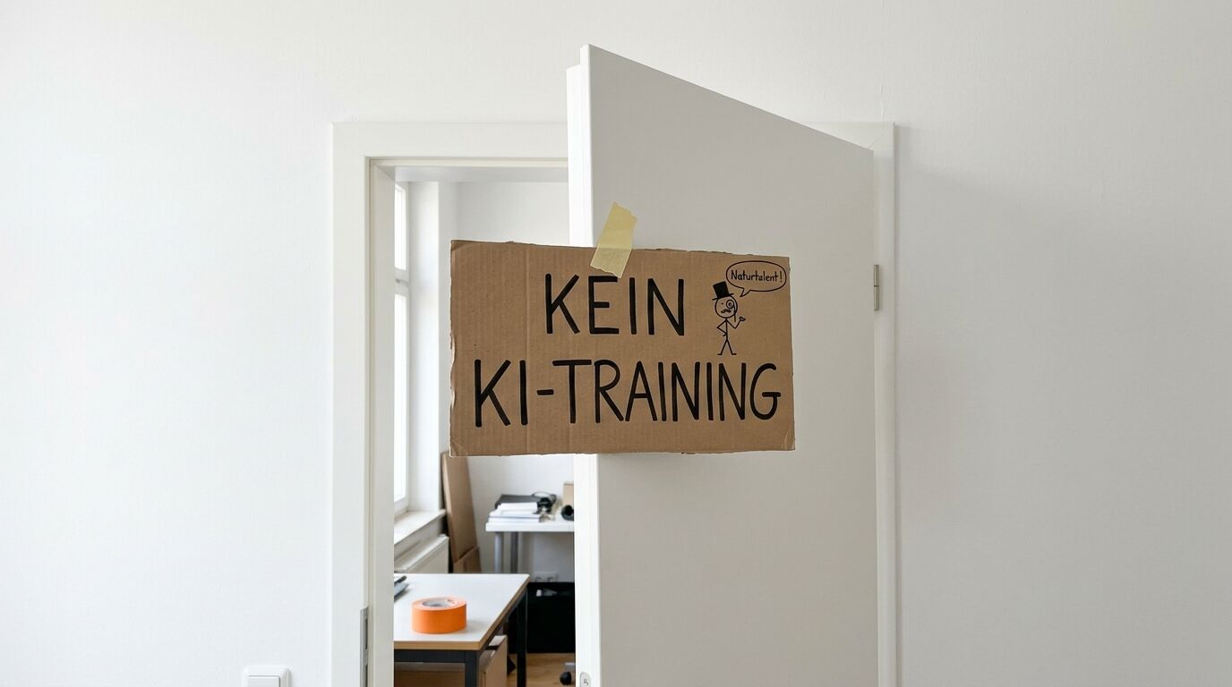 Offene Tür mit handgeschriebenem Pappschild „KEIN KI-TRAINING“ und Strichmännchen-Zeichnung