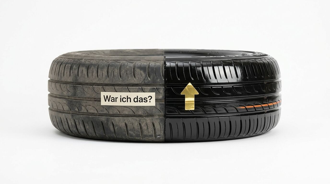 Ein Reifen mit Vorher-Nachher-Vergleich und dem Text