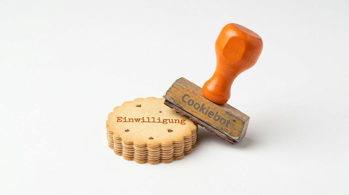 Gestapelte Kekse mit Aufschrift „Einwilligung“ und Holzstempel „Cookiebot“ auf weißem Grund