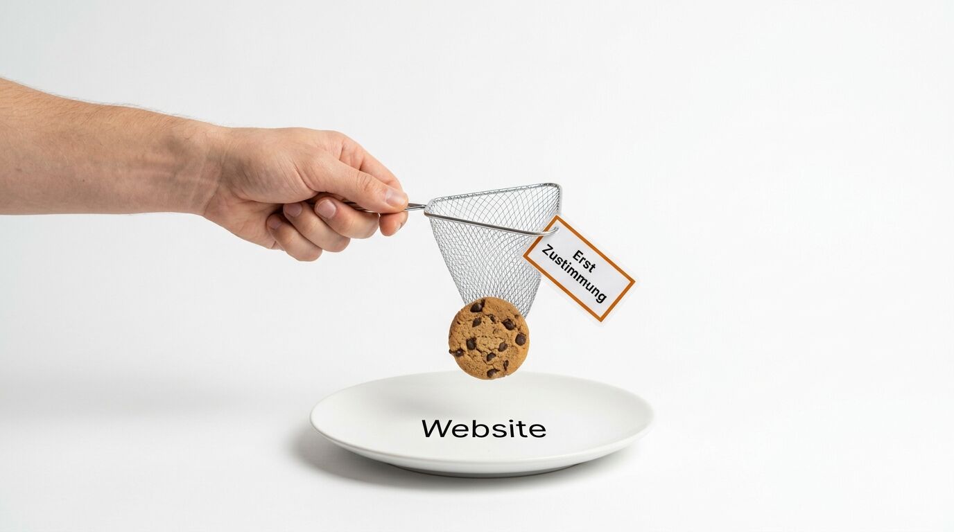 Hand hält Sieb mit Cookie über Teller mit Aufschrift Website und Schild Erst Zustimmung
