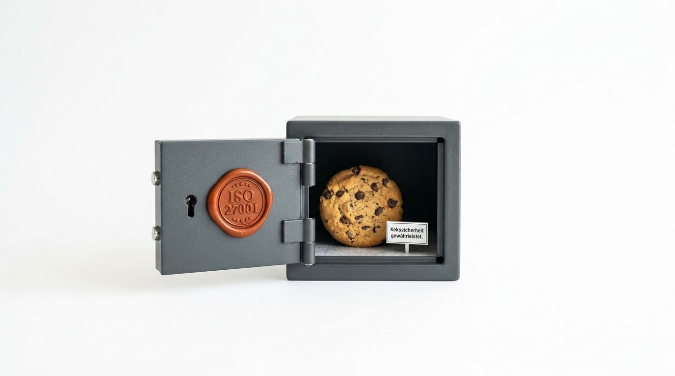 Geöffneter Tresor mit Cookie darin und ISO 27001-Siegel auf der Tür vor weißem Hintergrund