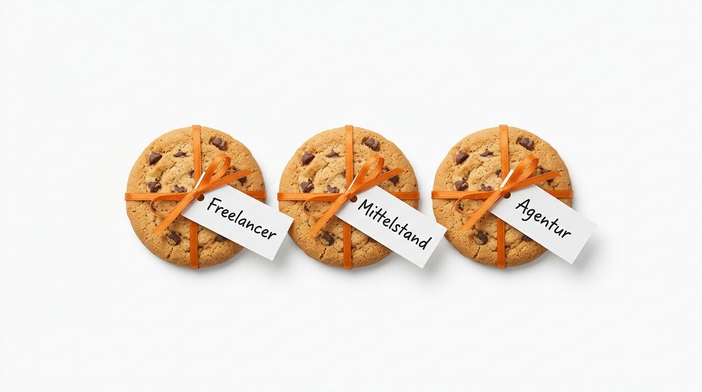 Drei Kekse mit orangefarbenen Bändern und beschrifteten Etiketten auf weißem Hintergrund