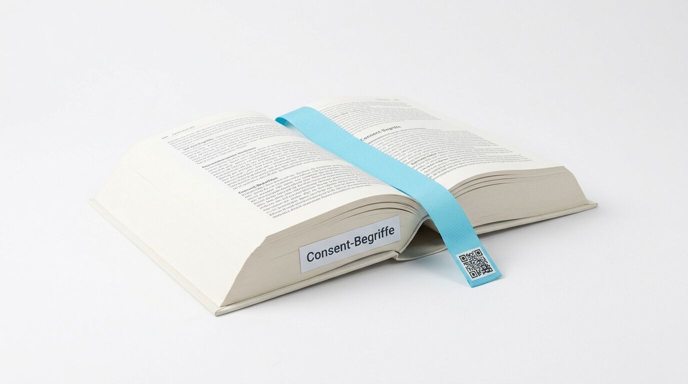 Aufgeschlagenes Buch mit blauem Lesezeichen mit QR-Code und einem Sticker