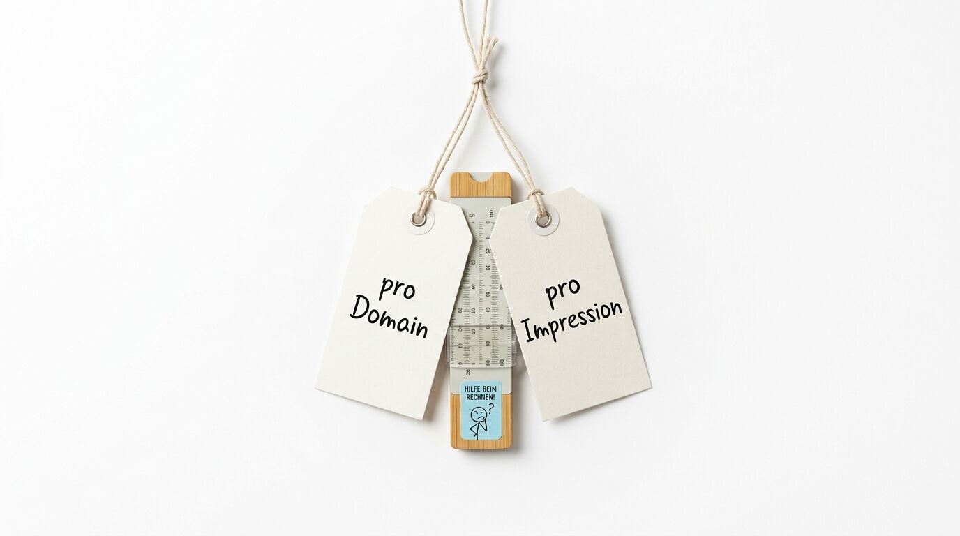 Ein Rechenschieber hängt zwischen zwei Etiketten mit der Aufschrift „pro Domain“ und „pro Impression“