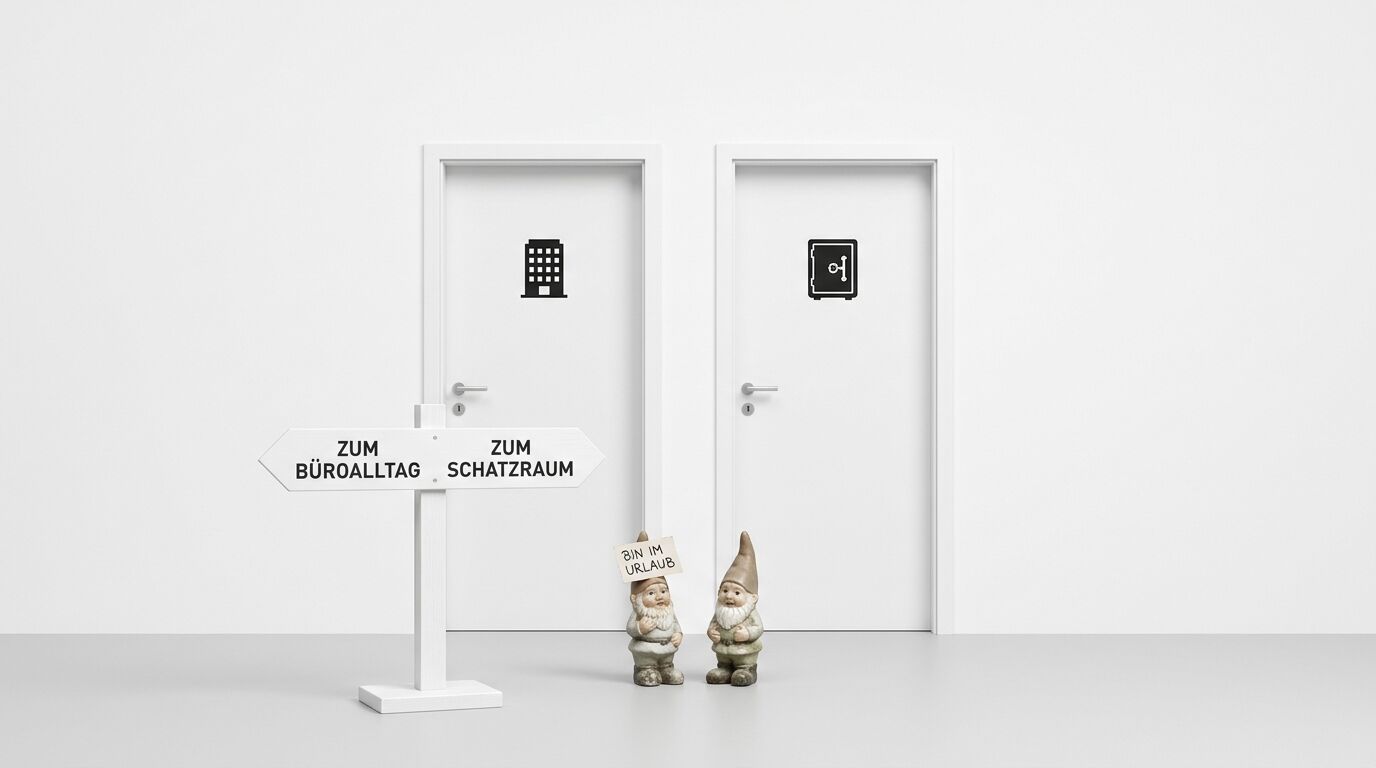 Zwei Türen mit Piktogrammen, Wegweiser und Gartenzwerge in einem weißen Raum