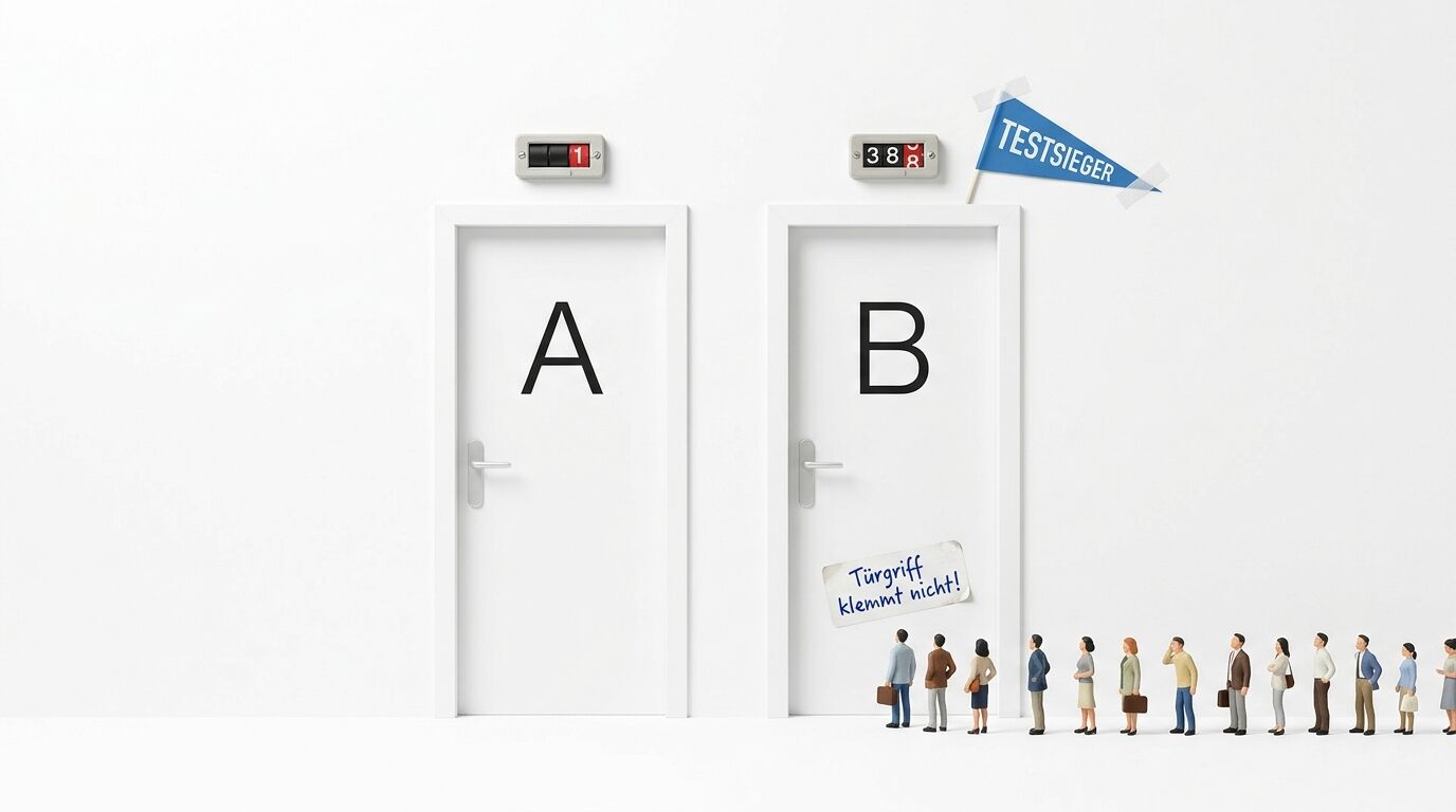 Tür A hat 1 Person, Tür B hat eine lange Schlange und ein Schild „Testsieger“ sowie „Türgriff klemmt nicht“