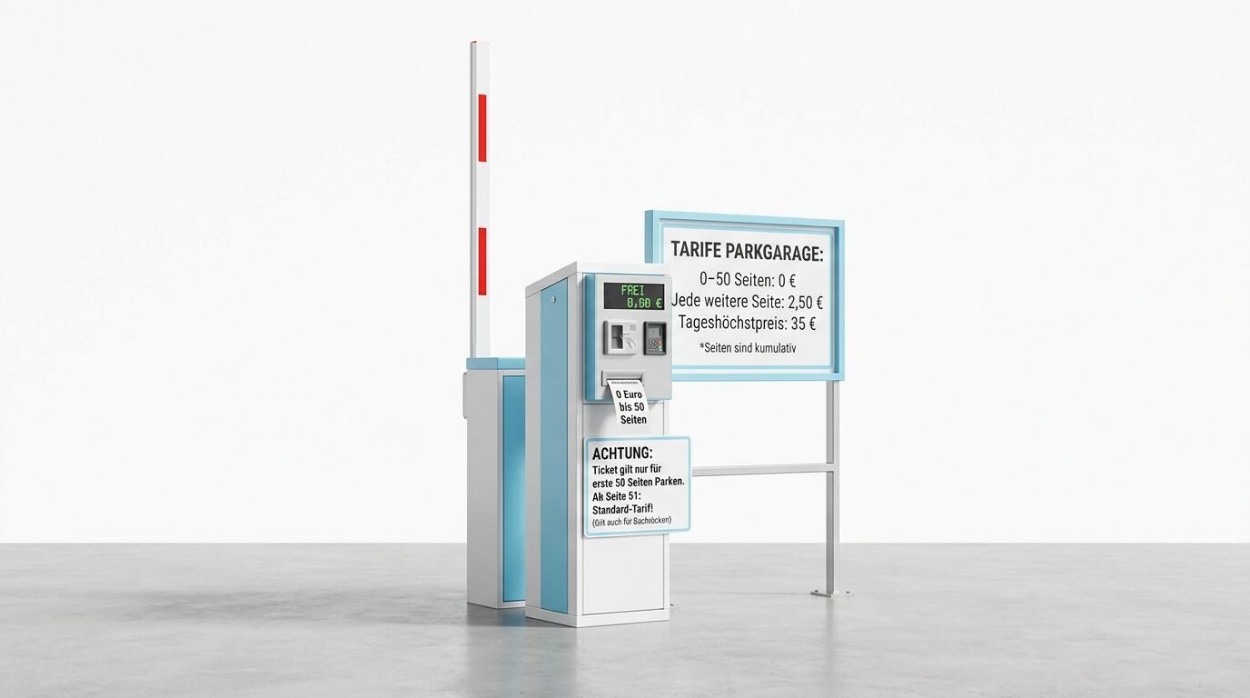 Parkautomat mit Schranke und Tariftabelle