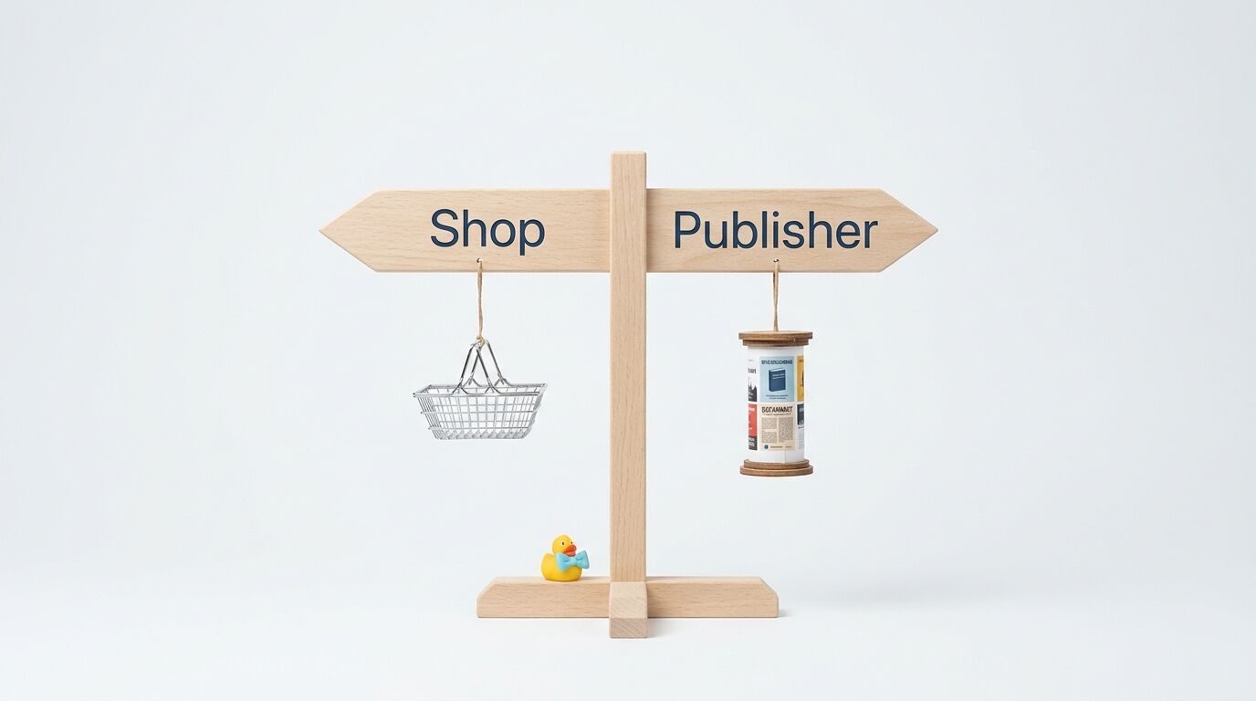 Wegweiser mit „Shop“ (links, Korb) und „Publisher“ (rechts, Litfaßsäule), Badeente unten