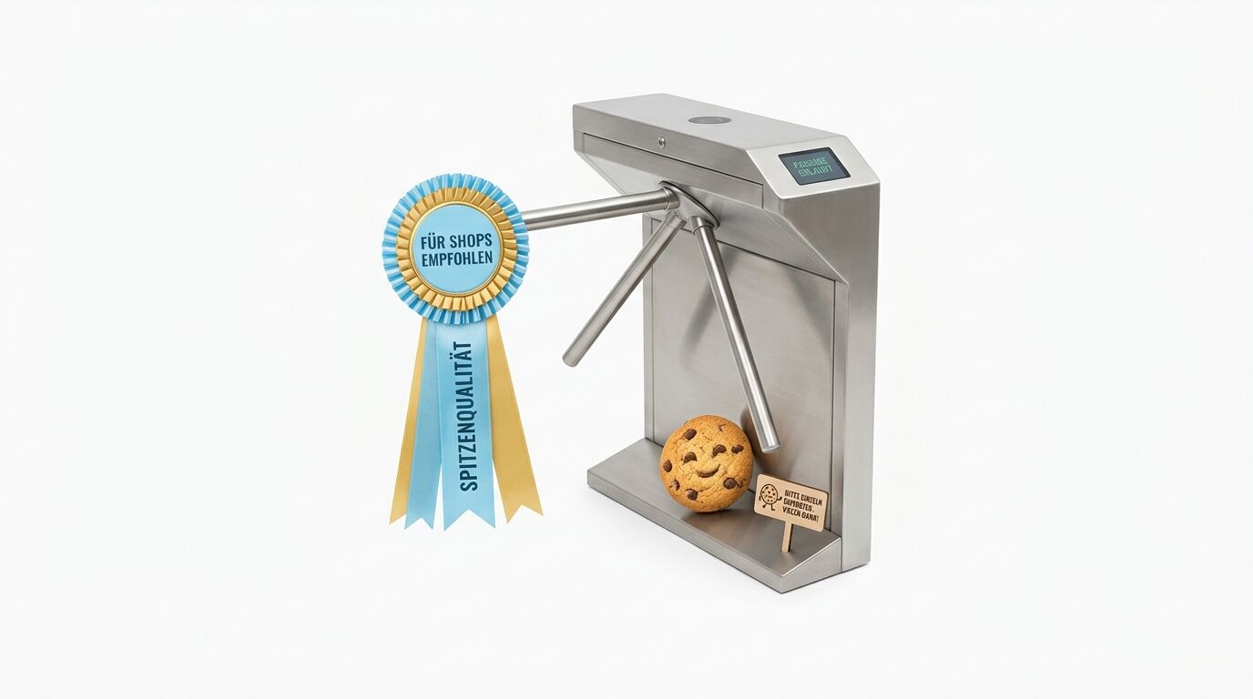 Drehkreuz mit Prämierung und Cookie-Werbung vor weißem Hintergrund