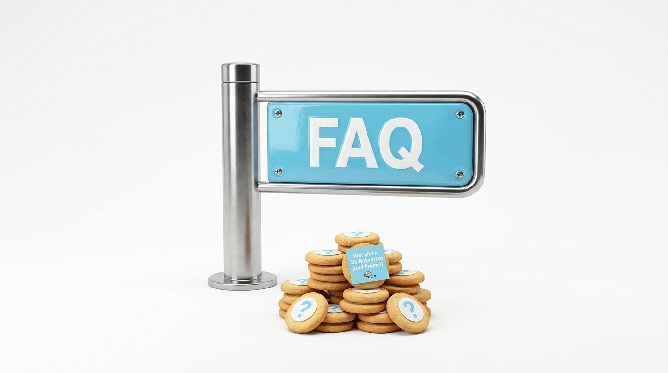 Metallständer mit blauem „FAQ“-Schild und einem Stapel bedruckter Kekse davor auf Weiß