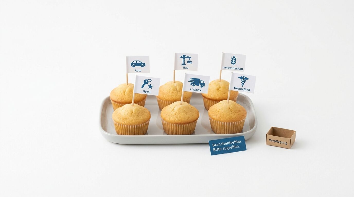 Sechs Muffins auf Tablett mit Branchen-Fähnchen und Einladungstext auf weißem Grund