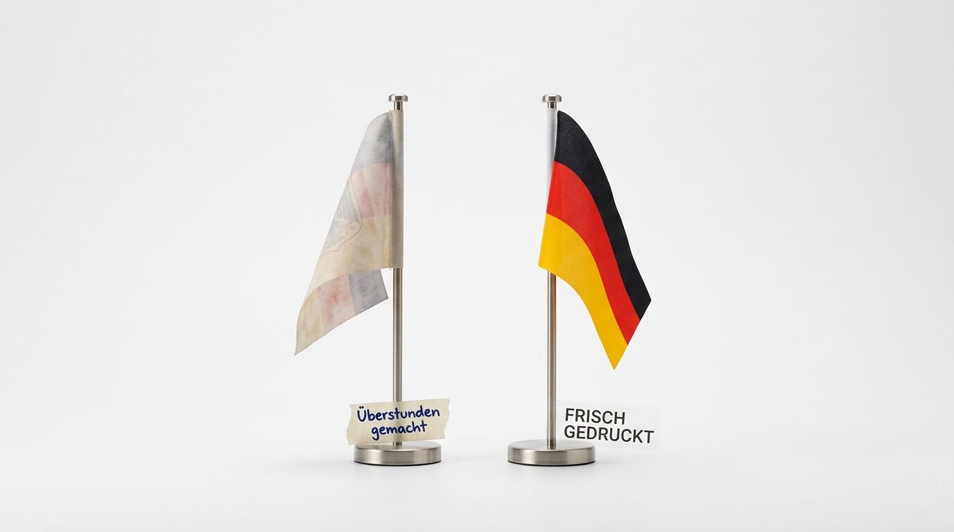 Eine verblasste, gebrauchte Deutschlandfahne und eine frische, farbenfrohe auf Ständern
