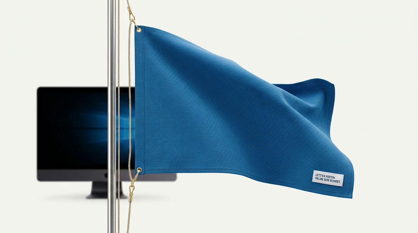 Blaue Flagge an Mast mit Etikett und verschwommenem Computermonitor im Hintergrund