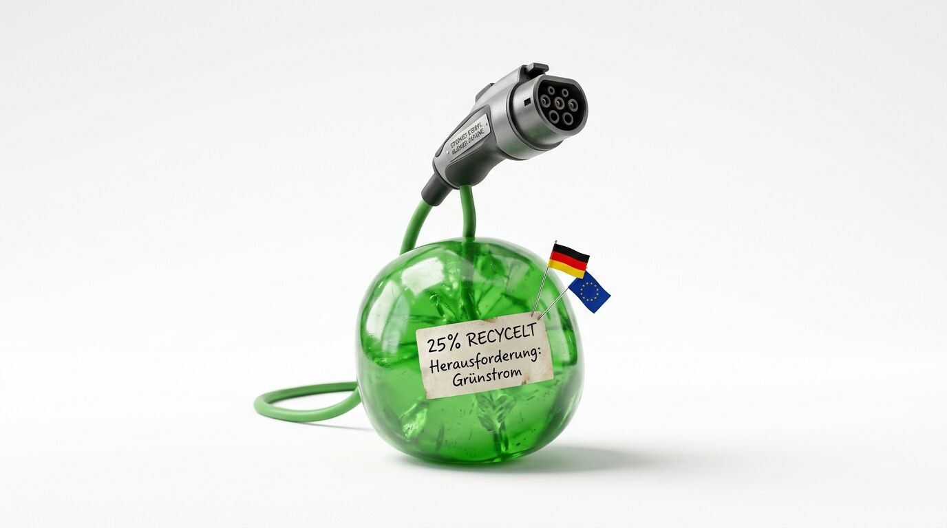 E-Auto-Stecker in grüner Kugel mit Notiz, deutscher und EU-Flagge auf Weiß