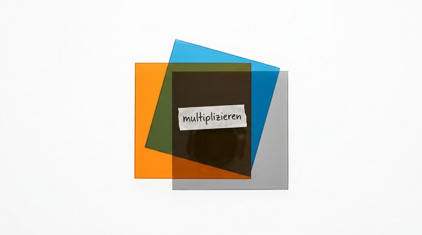 Vier übereinanderliegende Glasscheiben in Orange, Blau, Grün und Grau auf weißem Hintergrund mit einem Zettel mit der Aufschrift „multiplizieren“
