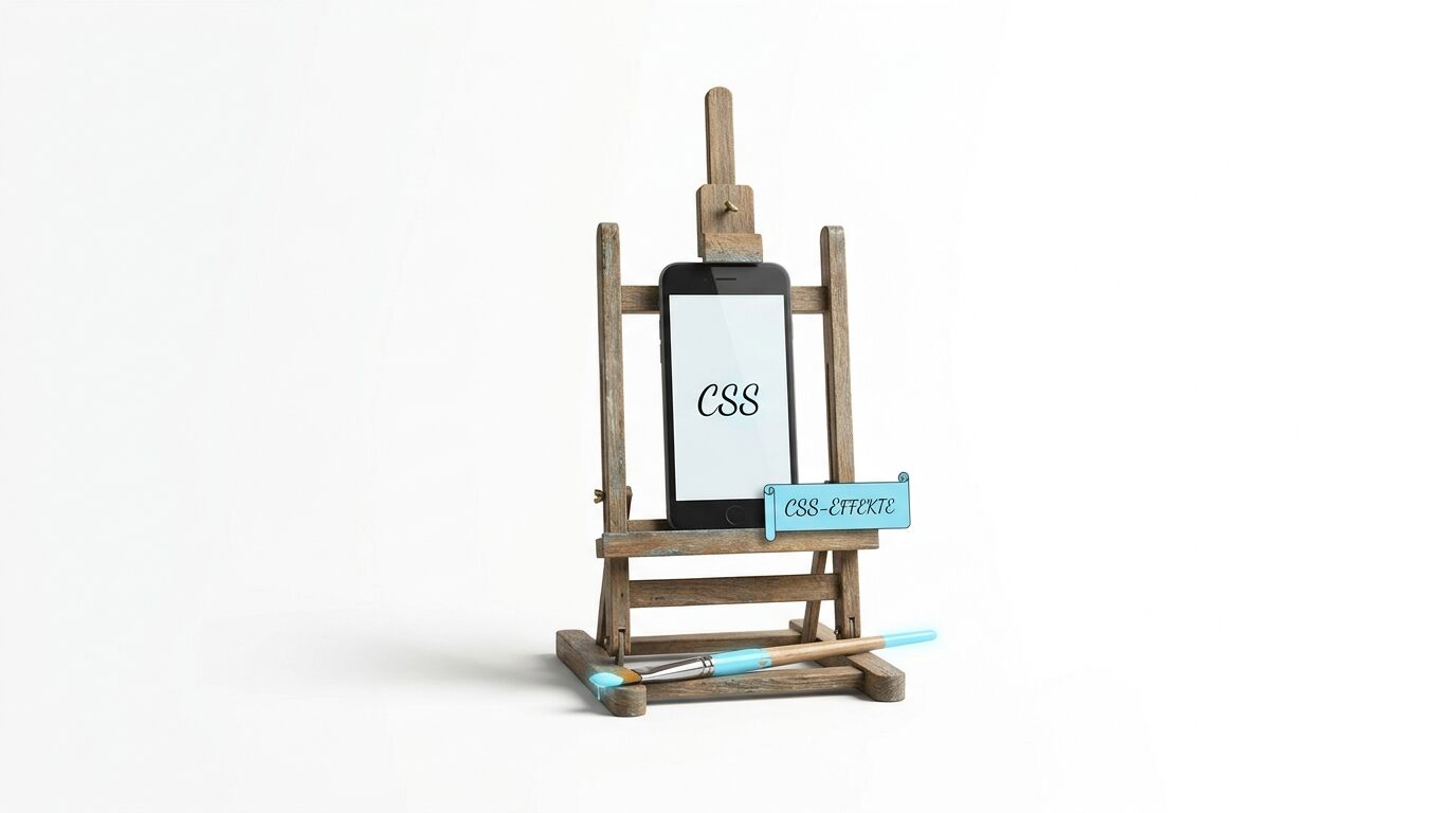 Staffelei mit Smartphone (Display: CSS), blauem Pinsel und Schildchen (CSS-EFFEKTE)