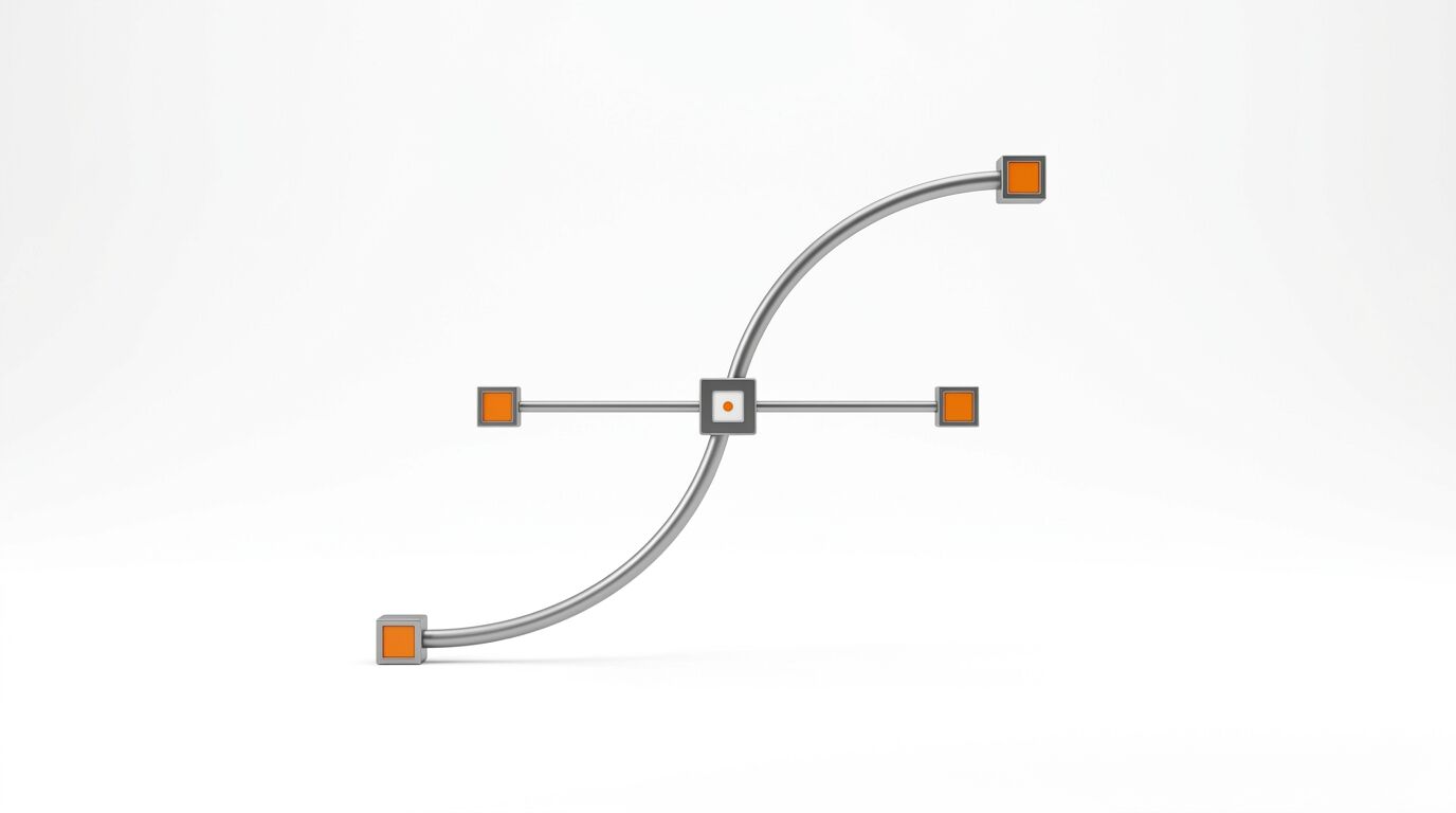 3D-Modell eines Bézier-Kurvenwerkzeugs mit grauen Rohren und orangefarbenen Steuerelementen