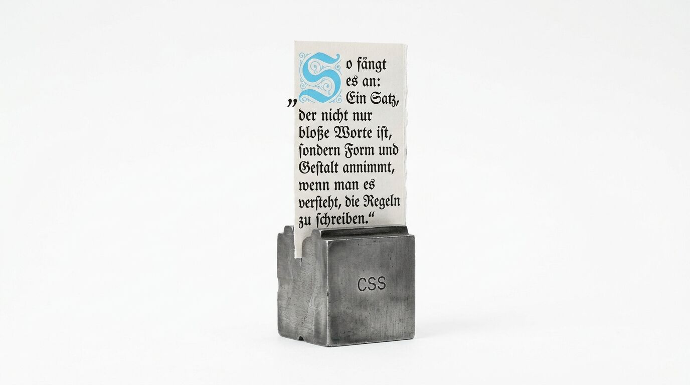 Metallhalter mit CSS-Gravur und eingesteckter Karte mit Frakturtext vor hellem Grund