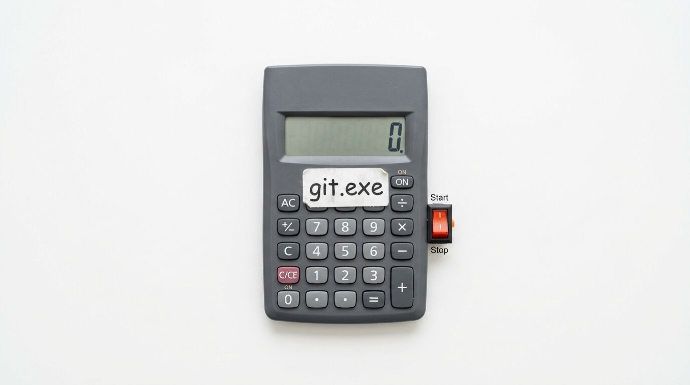 Grauer Rechner mit „git.exe“-Aufkleber und seitlichem Kippschalter auf weißem Grund