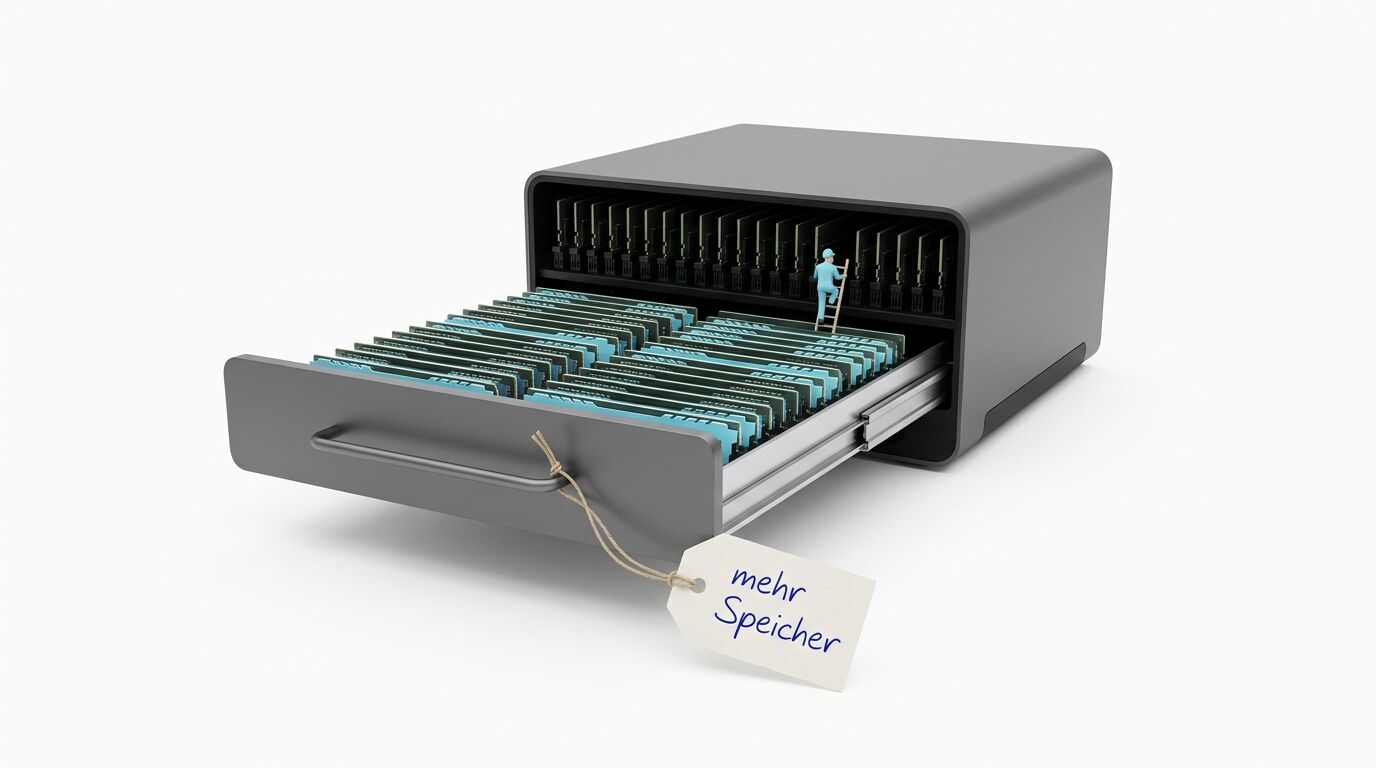 Offener Server-Einschub mit RAM, kleiner Figur, Leiter und Anhänger „mehr Speicher“
