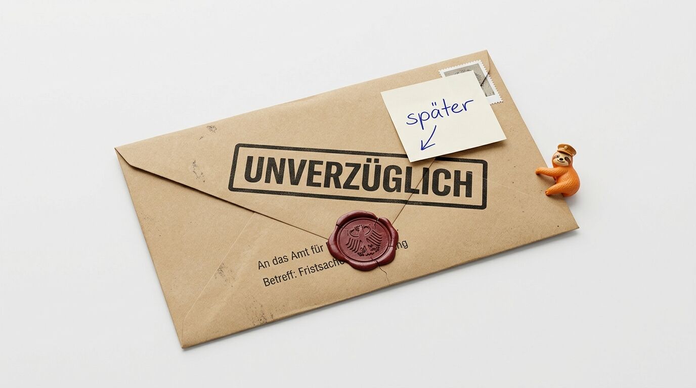 Brief mit Stempel „UNVERZÜGLICH“, Wachssiegel, Notiz „später“ undFaultier-Figur