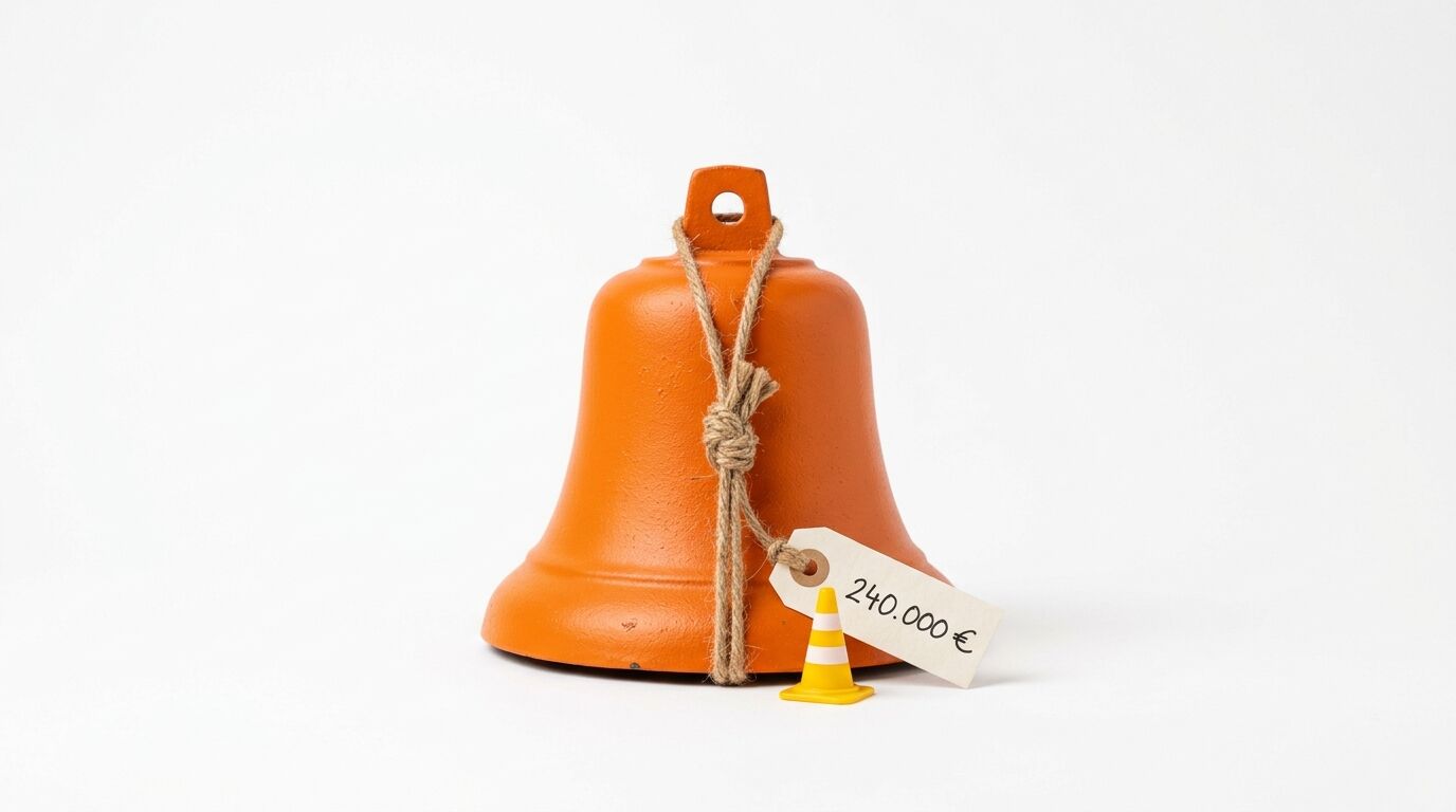 Orange Glocke mit Strick, 240.000-Euro-Schild und Kegel vor weißem Hintergrund