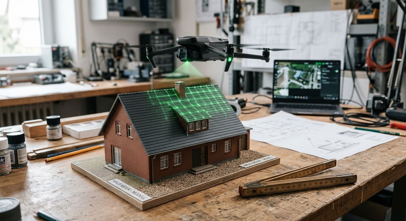 Drohne scannt ein Hausmodell mit grünem Laser in einer Werkstatt