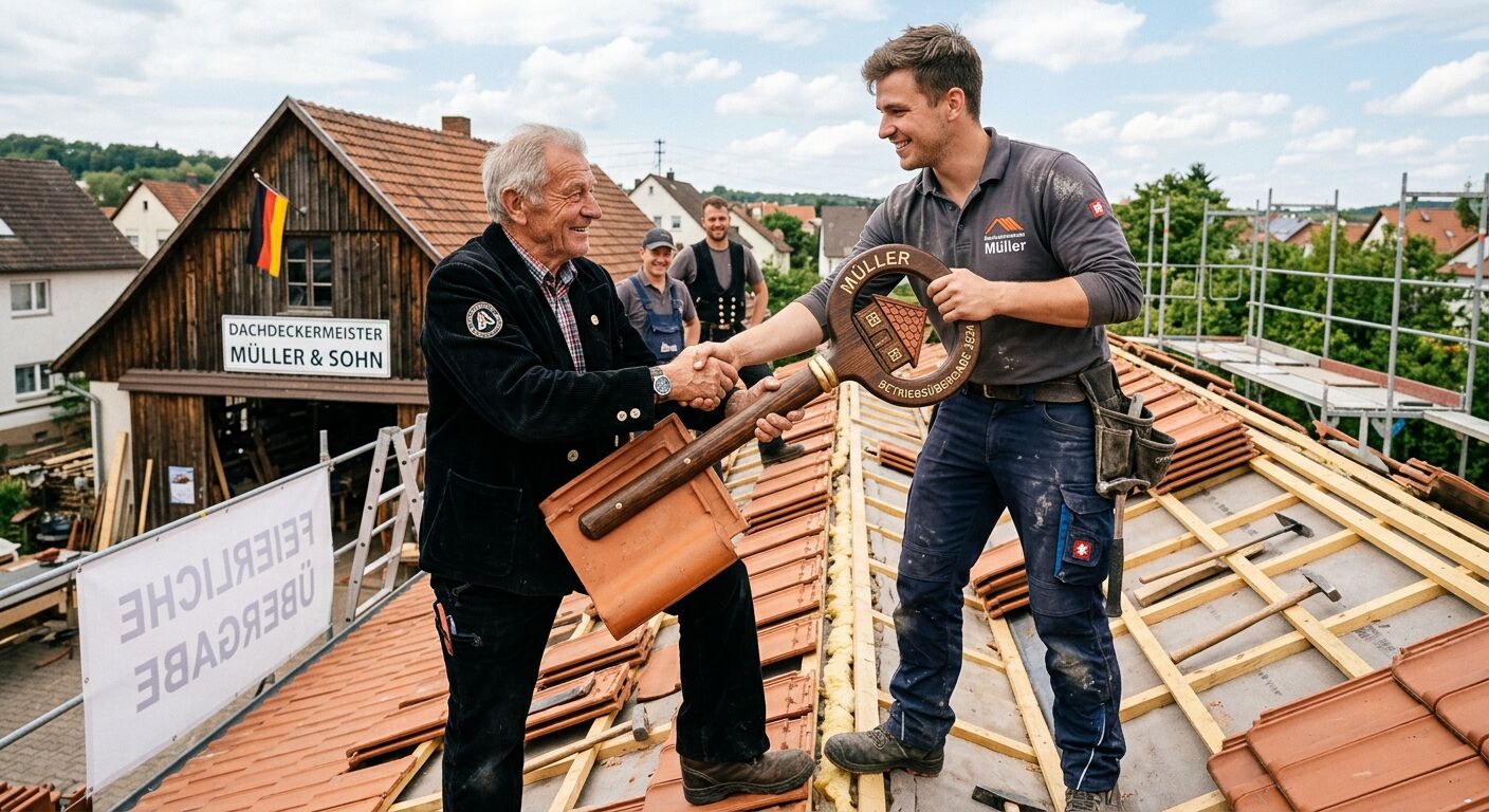 Betriebsübergabe auf einem Dach zwischen Senior und Junior mit großem Holzschlüssel und Ziegeln