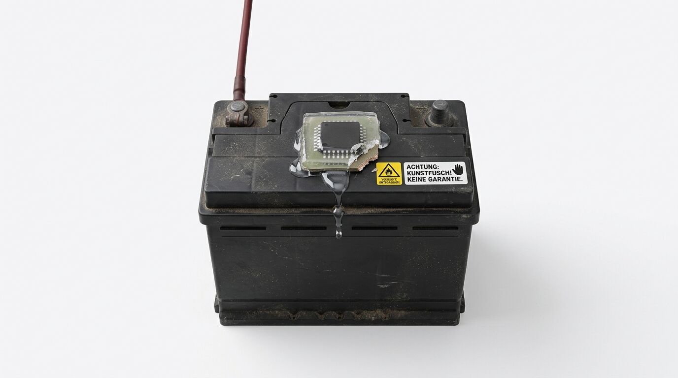 Autobatterie mit aufgeklebtem Chip und Warnaufkleber auf weißem Hintergrund