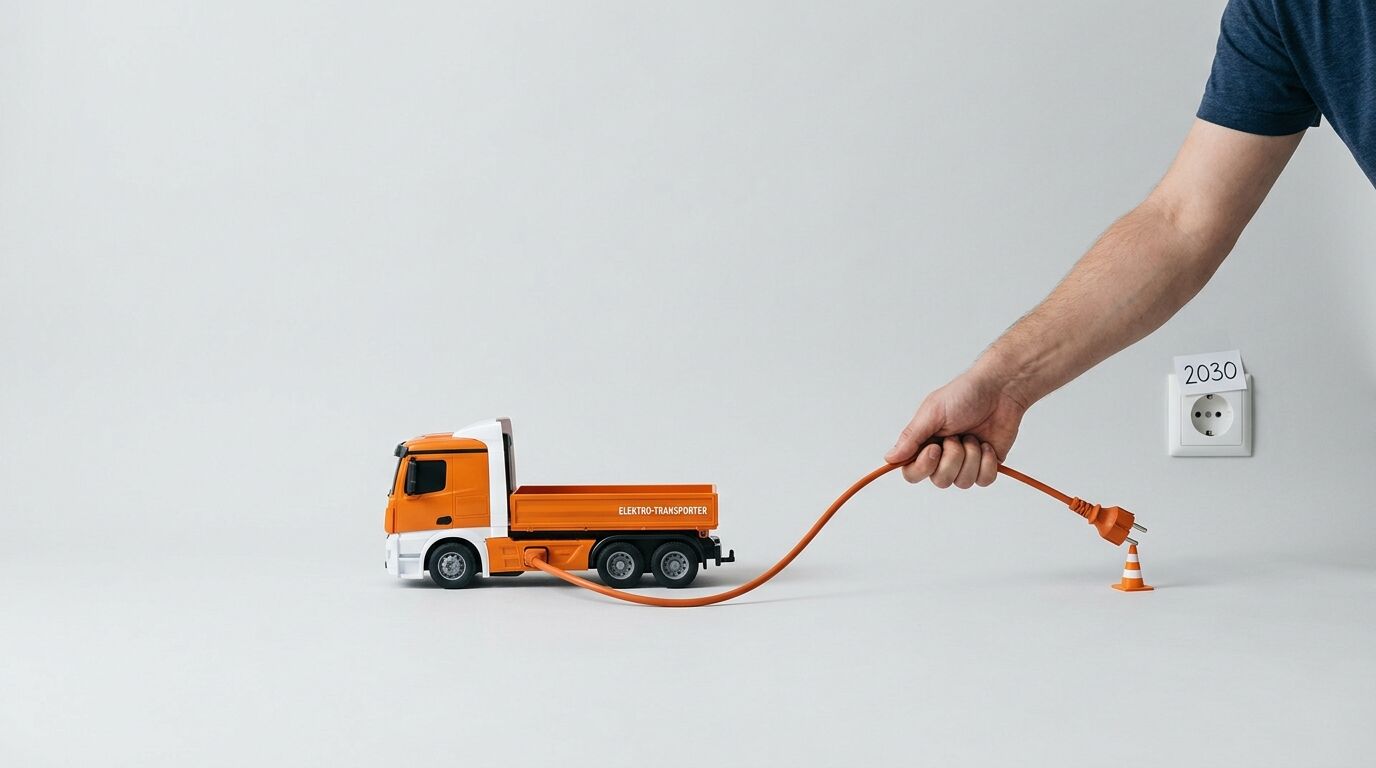 Hand zieht Stecker von Spielzeug-E-Lkw vor 2030-Steckdose ab