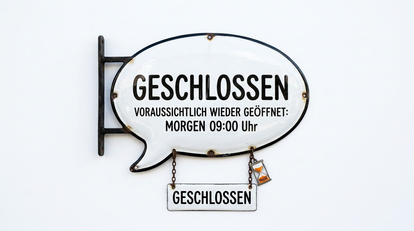 Ein weißes, eiförmiges Schild mit schwarzer Aufschrift und kleineren angehängten Schildern