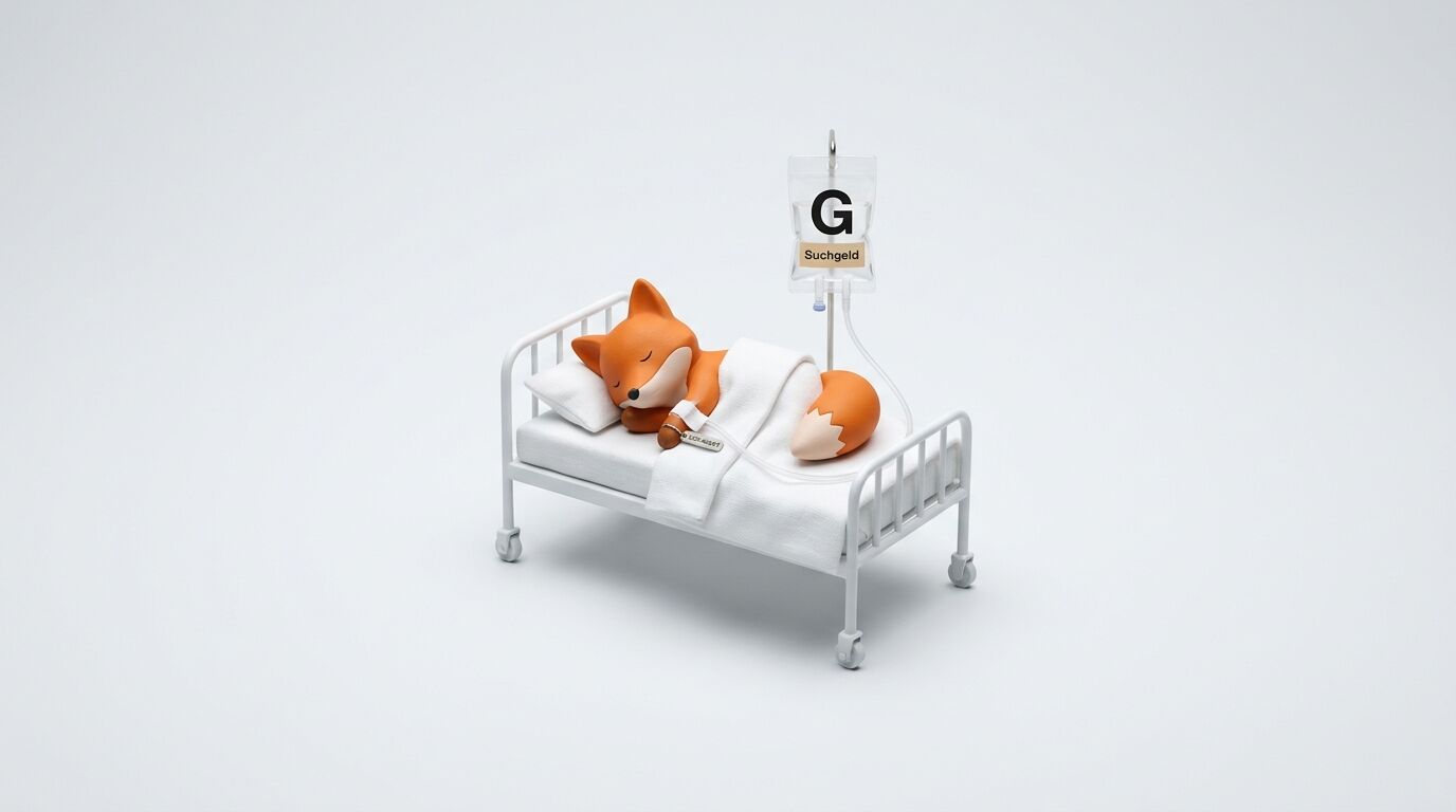 Ein kleiner Spielzeugfuchs liegt mit Infusionsständer im Krankenhausbett