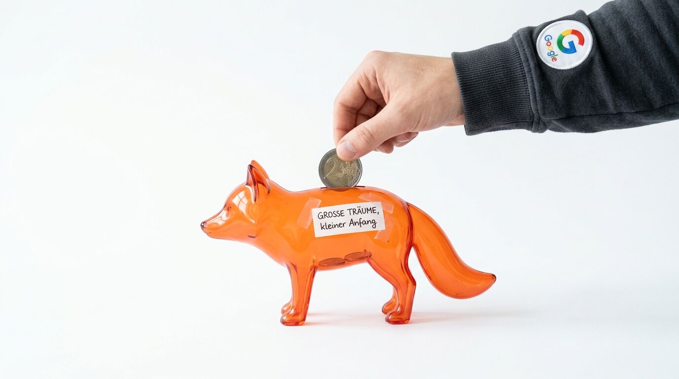 Hand mit Google-Pullover wirft 2-Euro-Münze in Fuchs-Spardose vor weißem Hintergrund
