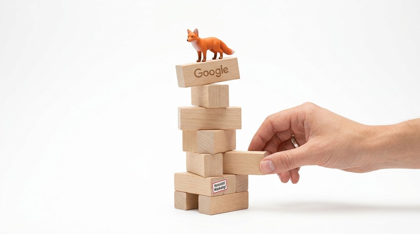 Fuchsfigur auf Holzstapel, Hand zieht Stein. Oben „Google“, unten „Vorsicht wackelig!“