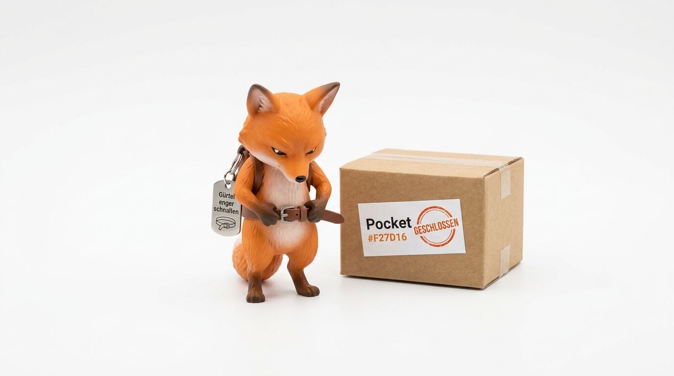 Fuchsfigur mit Rucksack und Schild neben Paket mit Aufschrift auf weißem Hintergrund