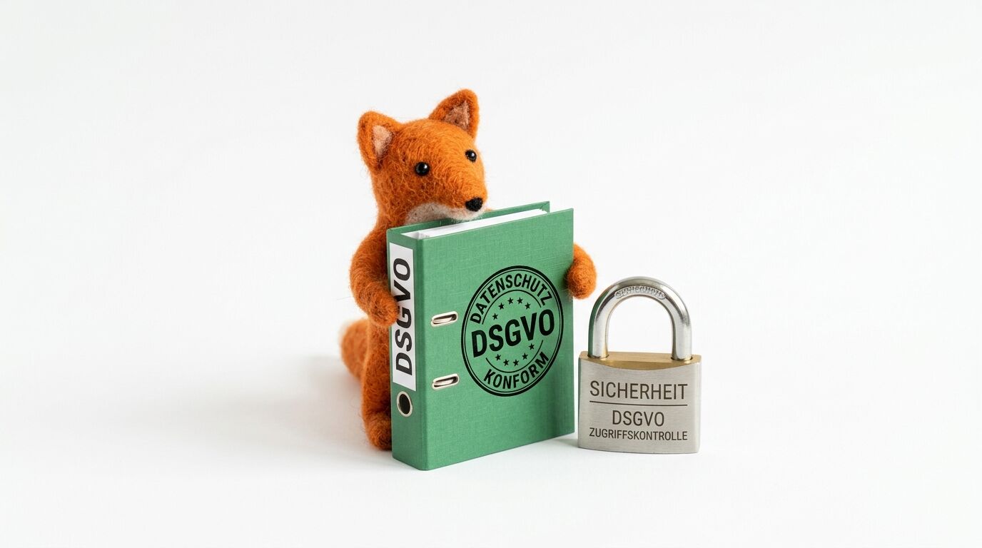 Filzfuchs mit „DSGVO konform“-Ordner neben einem Vorhängeschloss auf weißem Hintergrund