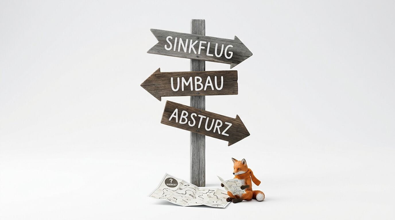 Wegweiser mit Beschriftung: Sinkflug, Umbau, Absturz. Fuchs mit Schal liest Karte davor