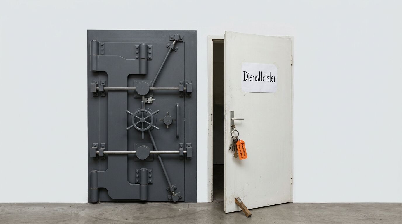 Schwere Tresortür neben offener Tür mit „Dienstleister“-Schild und Schlüsseln vor weißer Wand