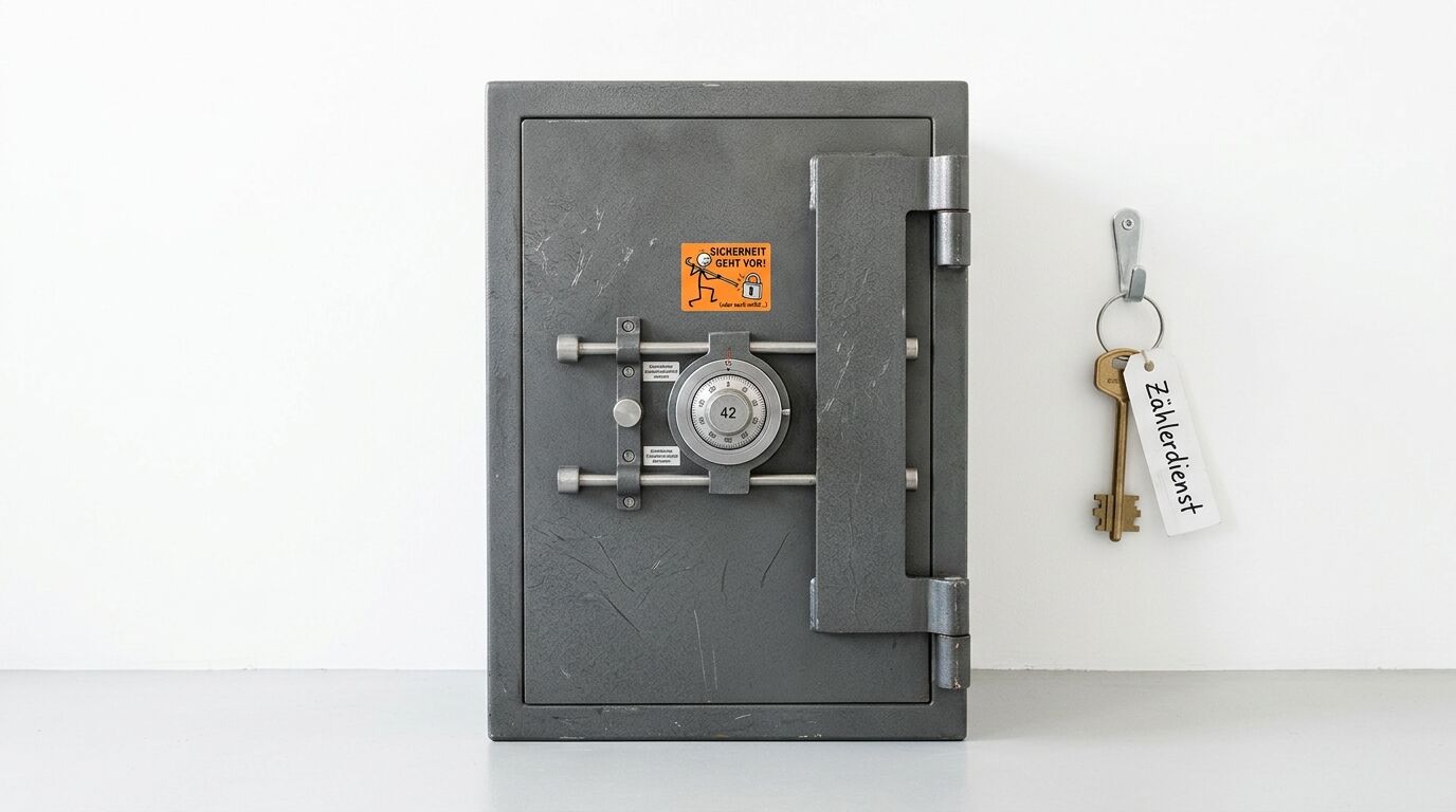 Ein grauer Tresor mit Kombinationsschloss und ein daran hängender Schlüssel an der Wand