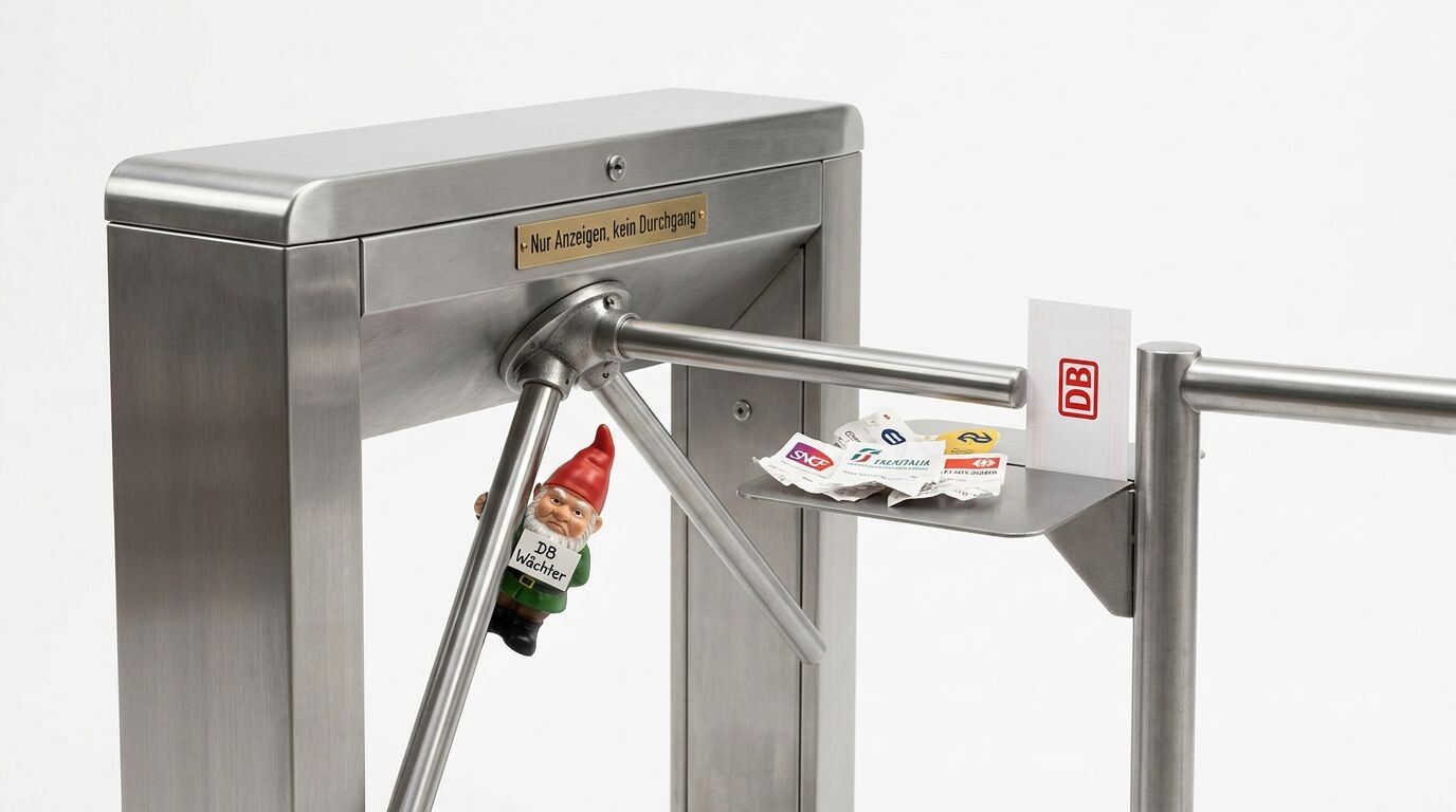 Drehkreuz mit Zwerg, DB-Karte und Bahntickets vor weißem Hintergrund