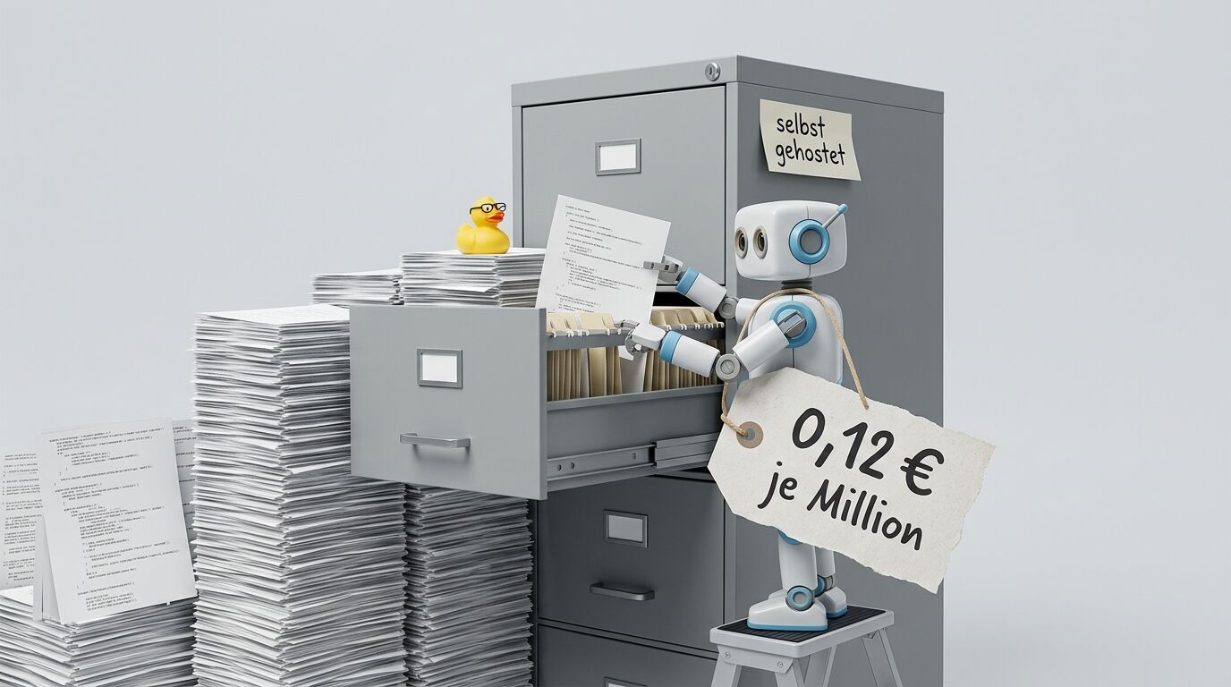 Roboter archiviert Akte, während ein Schild an ihm hängt und gelbe Ente auf Papierstapel sitzt