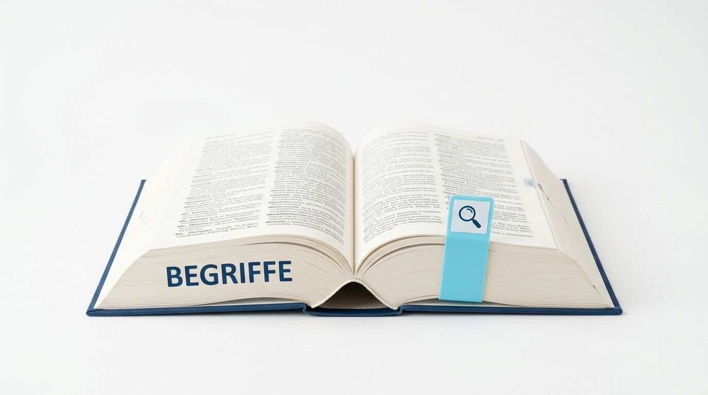 Offenes Buch auf weißem Grund mit Lesezeichen, Lupe und Schriftzug