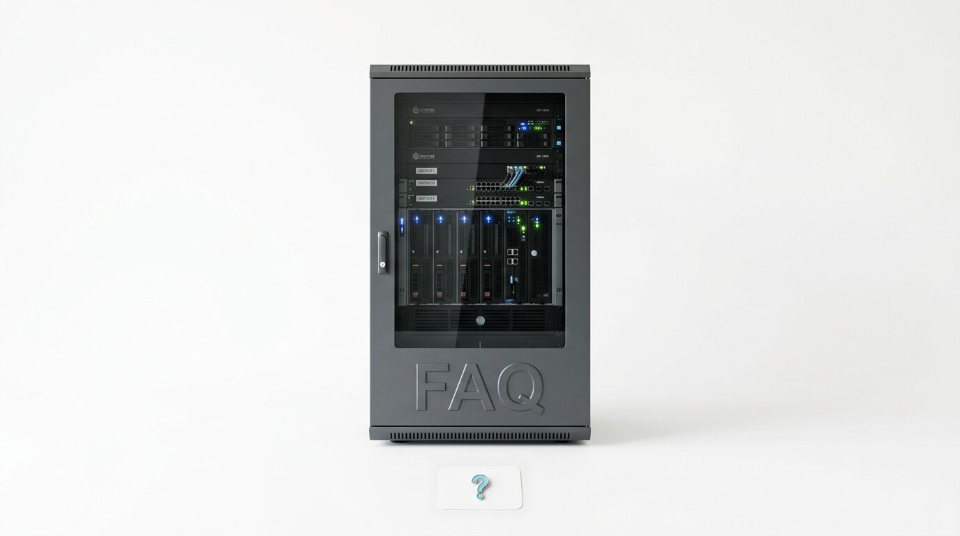IT-Rack mit „FAQ“ und Fragezeichen auf Weiß