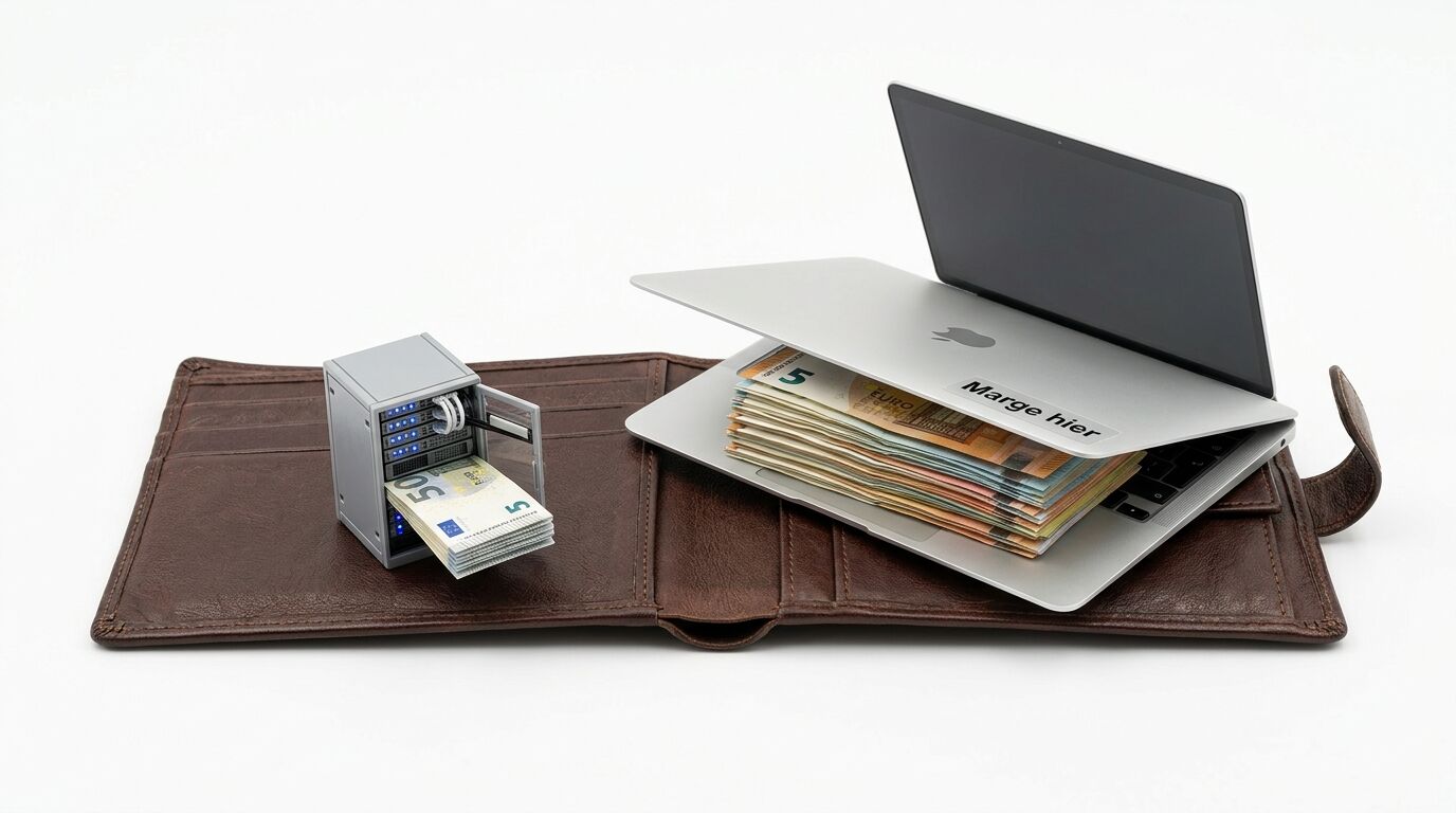 Geldbörse, Servermodell, Laptop mit Euro-Banknoten und Aufkleber „Marge hier“