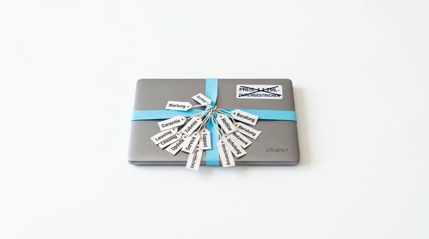 Ein geschlossenes silbernes Notebook mit blauem Band und Anhängern mit Text auf weißem Grund