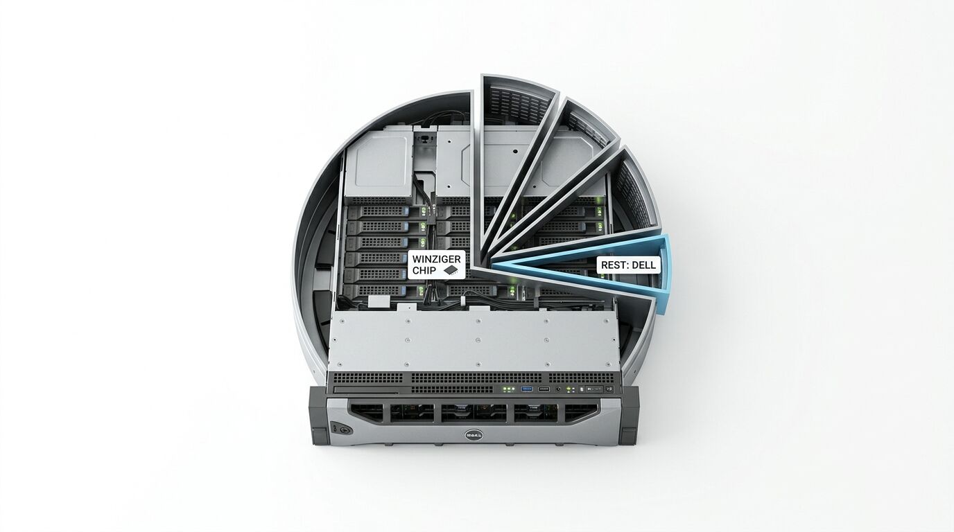 In ein Kreisdiagramm zerlegter Dell-Server mit hervorgehobenen Komponenten und Chip-Beschriftung