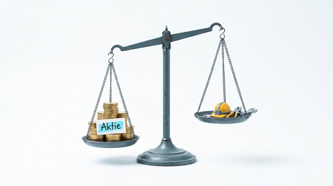 Balkenwaage mit Geldmünzen und „Aktie“-Schild links, Helm und Werkzeug rechts